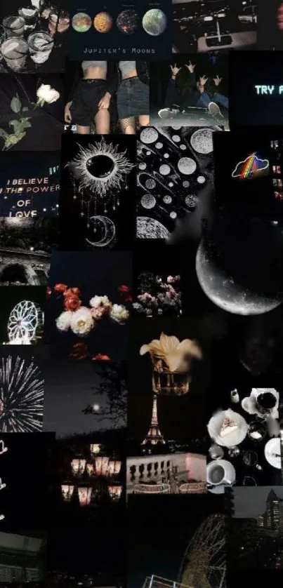 Moody aesthetic collage wallpaper with cosmic and urban elements in dark tones.