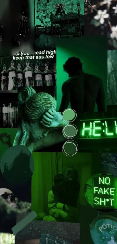 Aesthetic dark green wallpaper collage with neon and vintage elements.