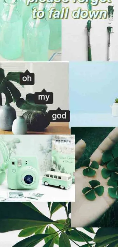 Aesthetic green collage wallpaper featuring plants, quotes, and vintage elements.