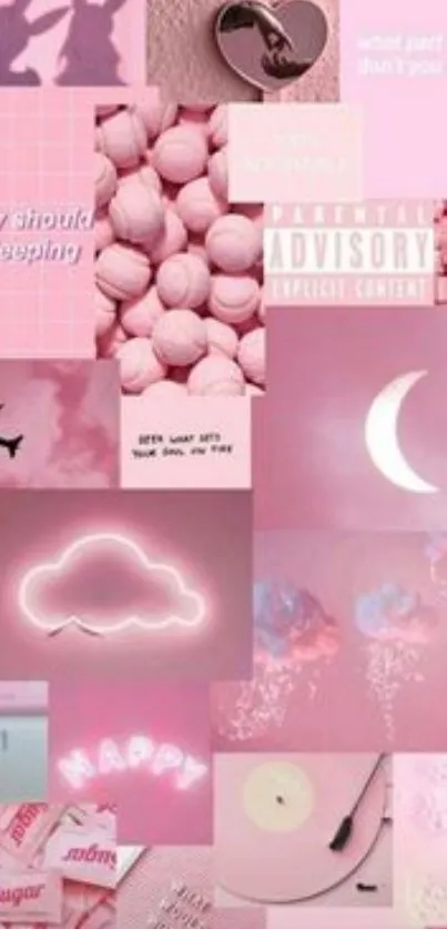 Aesthetic pink collage with clouds, moons, and elegant patterns on mobile wallpaper.