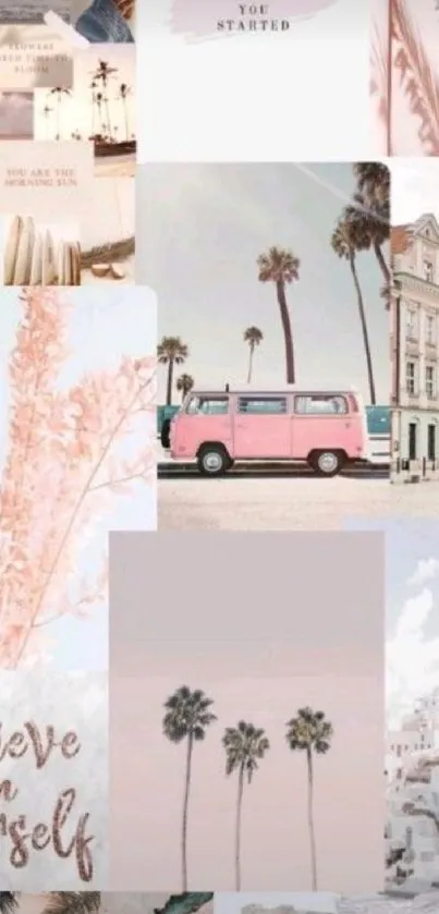 Aesthetic collage wallpaper with pastel pink and inspirational themes.