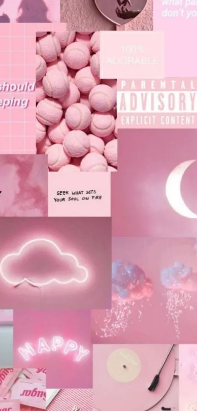 Aesthetic pink collage with clouds and vintage themes.