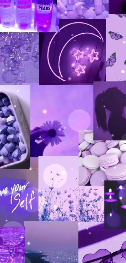 Purple collage wallpaper with neon and floral elements.