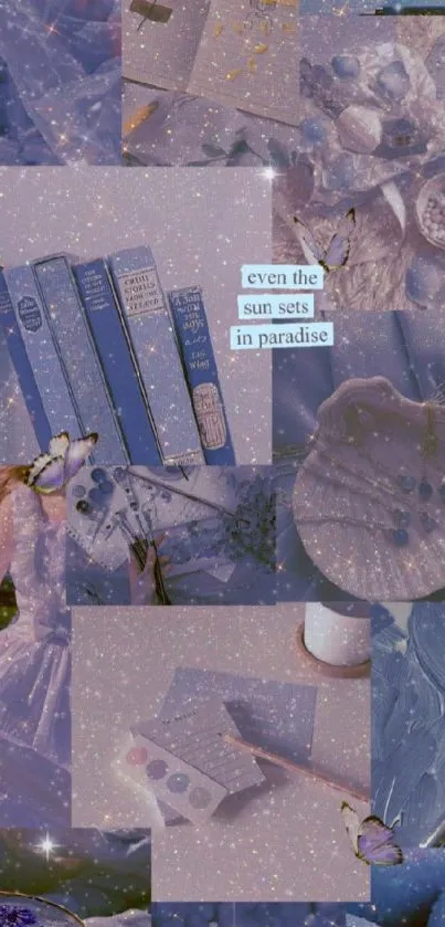 Aesthetic collage wallpaper with books and butterflies in lavender tones.