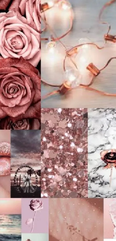 Aesthetic rose gold collage wallpaper with roses, lights, and marble.