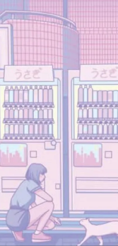 Pastel aesthetic urban wallpaper with vending machines and a person petting a cat.