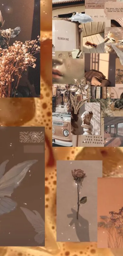 Retro aesthetic collage wallpaper with warm brown tones and vintage elements.