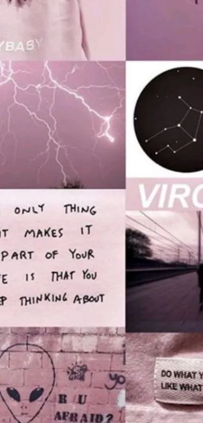 Aesthetic pink Virgo-themed mobile wallpaper collage with quotes and cosmic imagery.