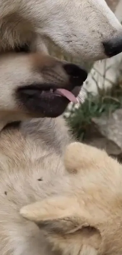 Close-up of wolves lounging in natural setting on phone wallpaper.