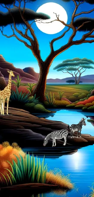 Illustration of African wildlife at night with giraffes and zebras by a moonlit river.