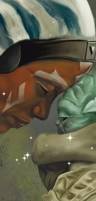 Ahsoka Tano and Baby Yoda sharing a moment, vibrant art wallpaper.