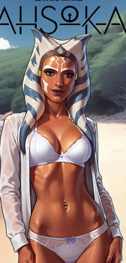 Ahsoka Tano in a beach setting with fantasy design.