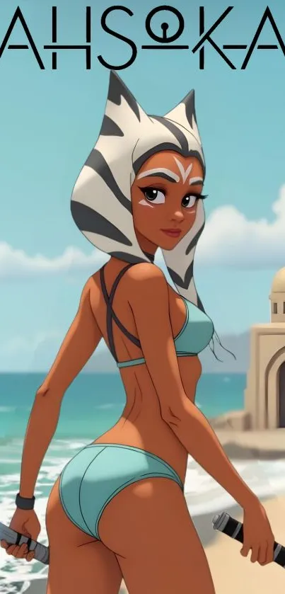 Ahsoka Tano on a beach, holding sabers.