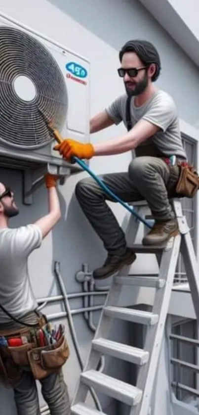 Technicians maintaining air conditioner on building exterior, using tools and ladder.