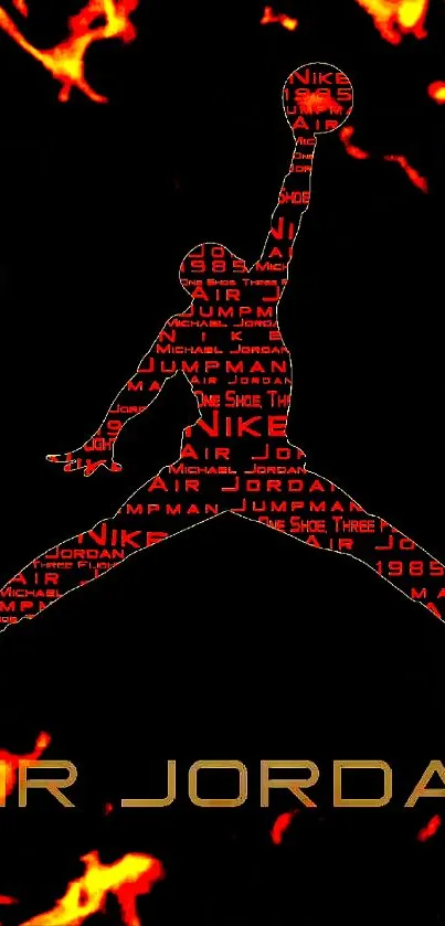 Air Jordan fiery silhouette on black background.