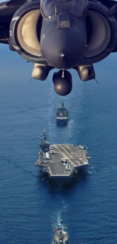 Jet fighter soaring above a naval aircraft carrier fleet over the ocean.