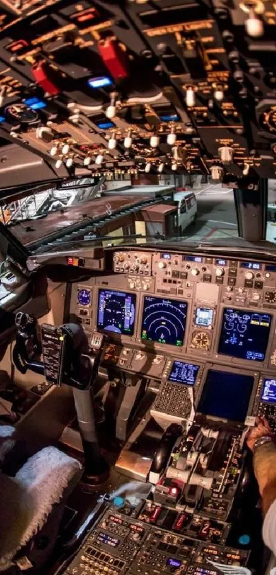 Airplane cockpit showcasing advanced avionics and controls.
