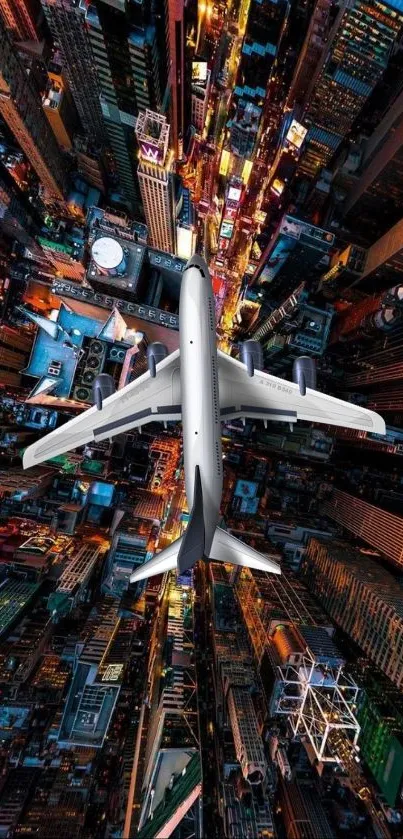 Airplane flying over a city at night with vibrant lights.