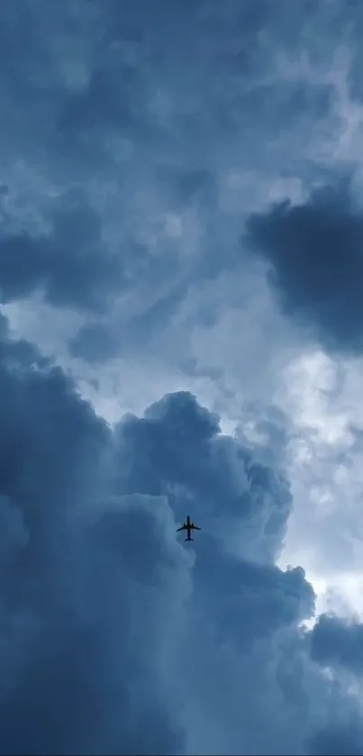 Airplane flying through dramatic cloudy sky