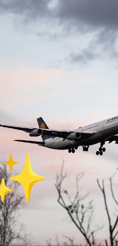 Airplane flying through pastel evening sky with clouds and silhouetted trees.