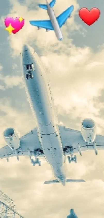 Airplane soaring above cloudy sky with emojis in a cool-toned wallpaper.