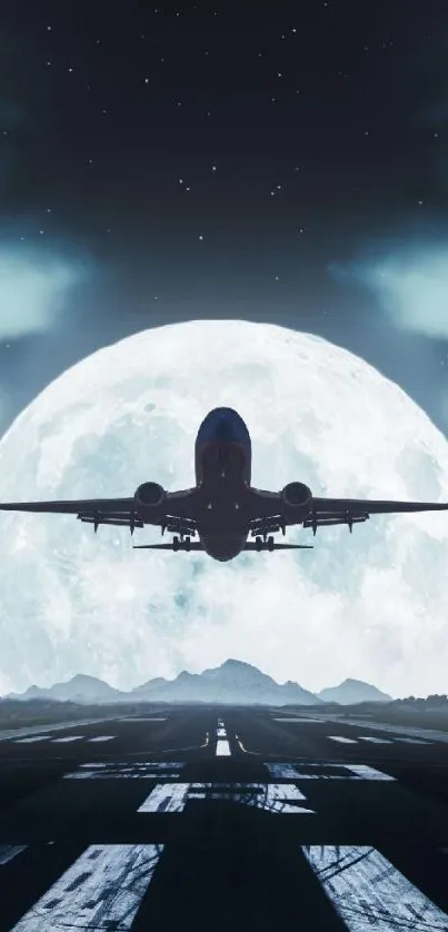 Airplane silhouette with full moon backdrop on a runway at night.