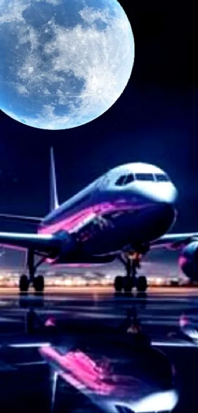 Airplane with moon background at night sky and airport lights.