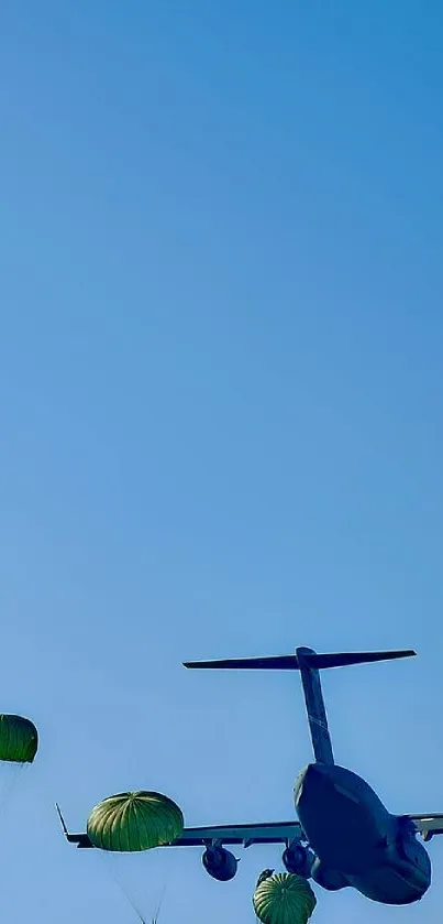 Dynamic wallpaper of airplane and parachutists in a clear blue sky.