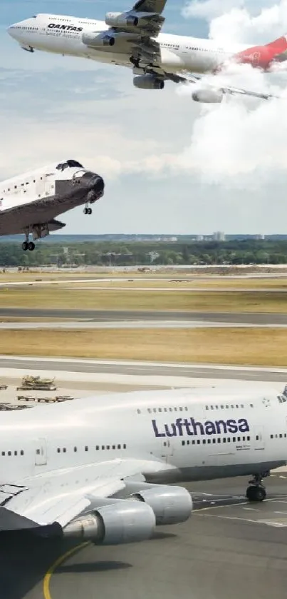 Planes and shuttle soaring above airport in a stunning sky display.