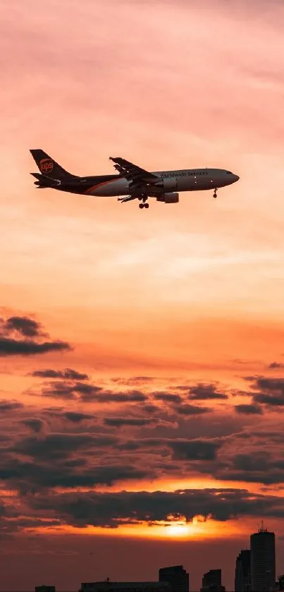 Airplane flying through a serene sunset sky over a city skyline.