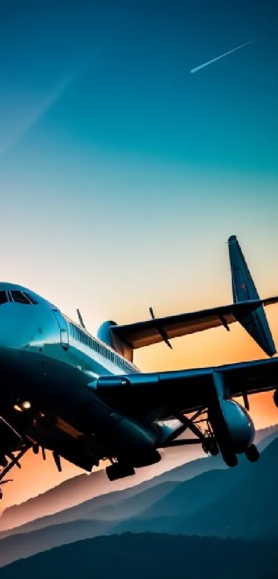 Airplane silhouette soaring at sunset with vivid orange and blue sky.