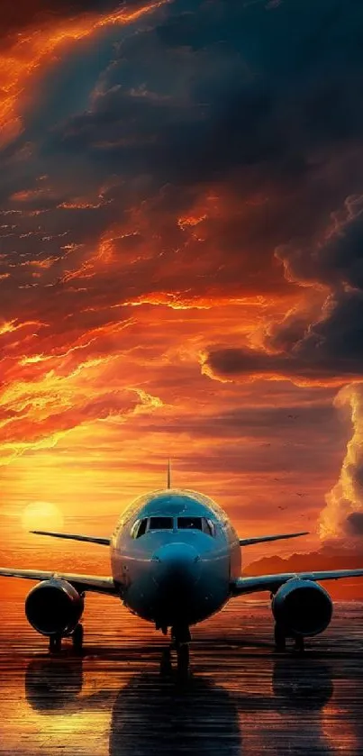 Airplane with vibrant sunset and dramatic clouds in the sky.
