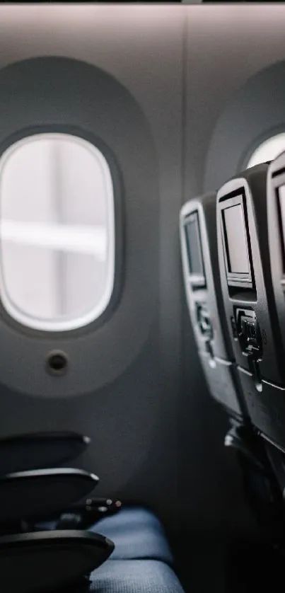 Empty airplane cabin with window and seats.
