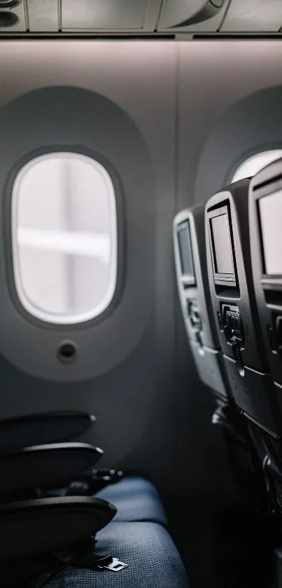 Peaceful airplane cabin with a view out the window, showcasing empty seats.