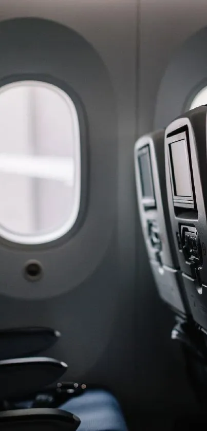 Airplane cabin view from passenger seat with window view.