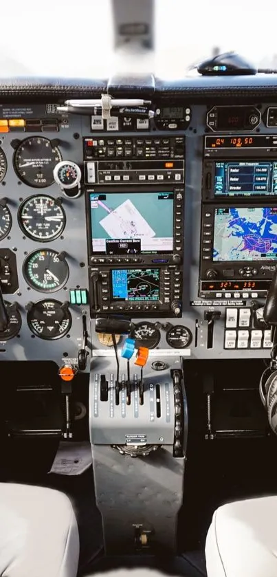 Detailed airplane cockpit control panel with instrumentation.