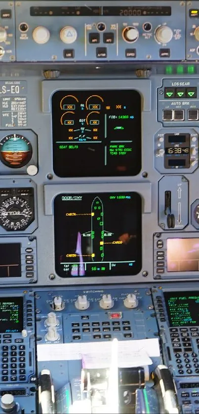 Airplane cockpit showcasing control panels and systems in detailed view.