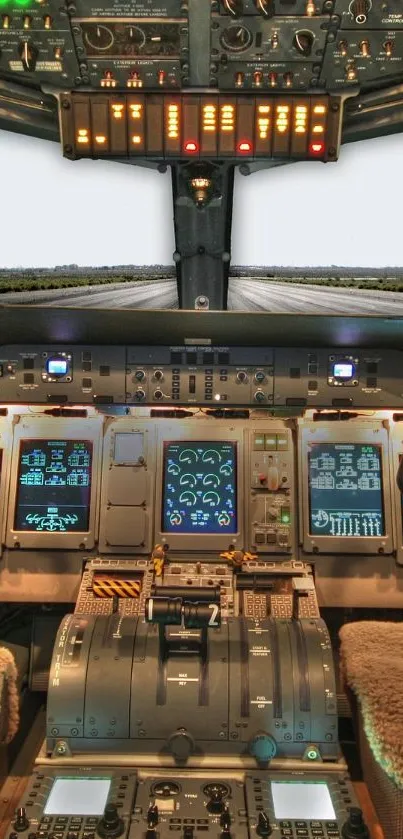 Detailed view of an airplane cockpit showcasing pilot controls and instruments.