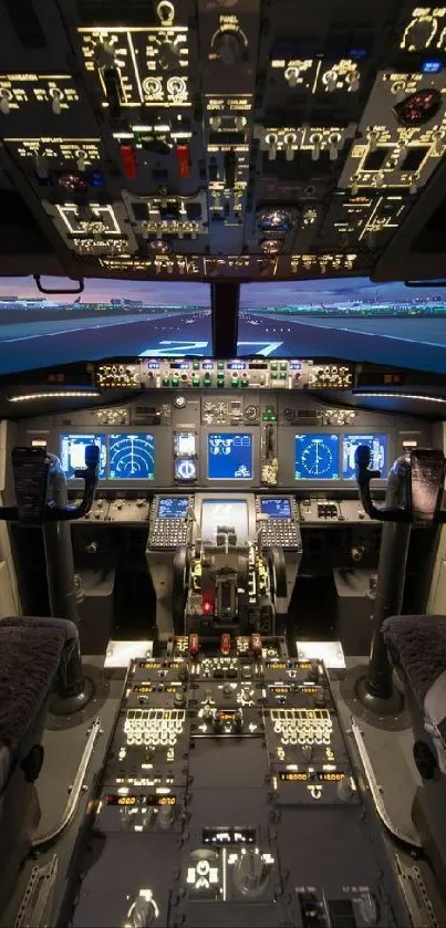 Airplane cockpit with illuminated controls at night, showcasing advanced avionics.