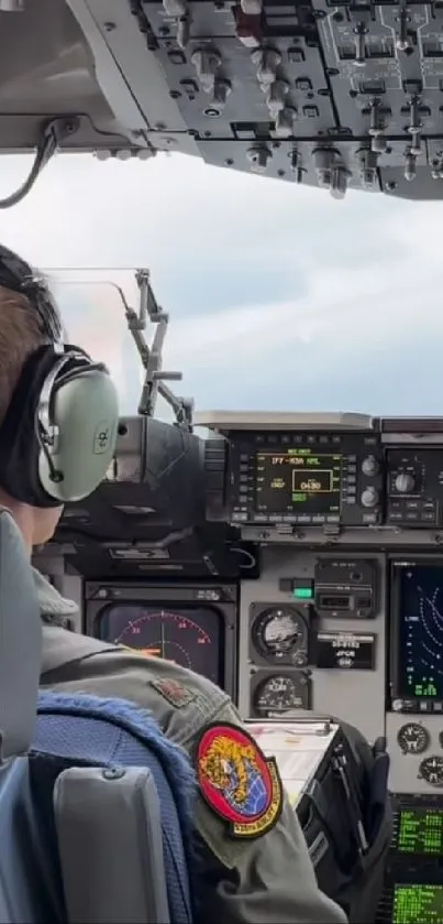 View inside airplane cockpit with pilots in action, showcasing controls and equipment.