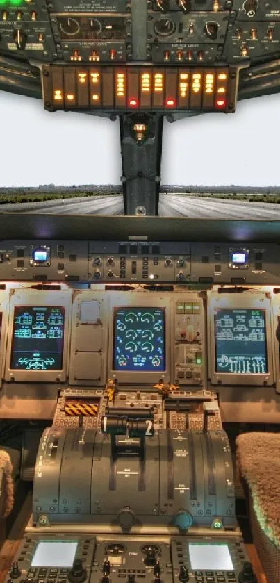 Airplane cockpit with advanced controls and runway view.