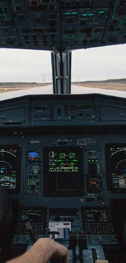 Airplane cockpit interior with detailed control panel and runway view.