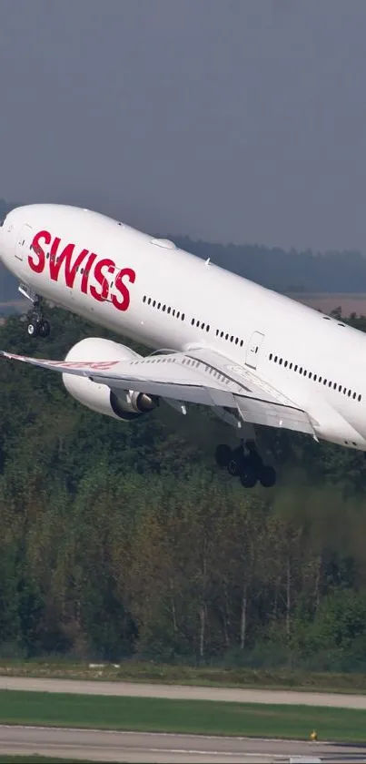 Swiss airplane taking off above a lush green forest.