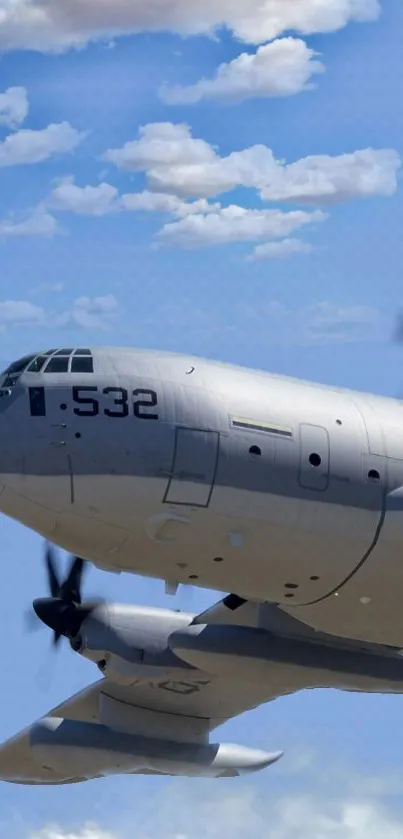 Airplane soaring in a blue sky with fluffy clouds.