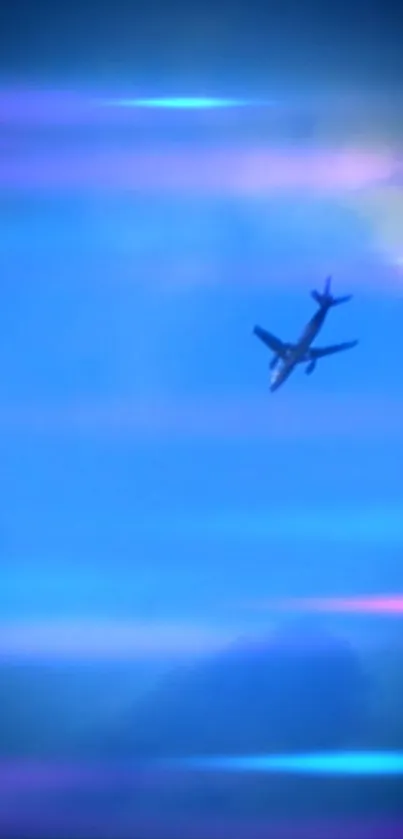 Airplane flying through blue sky with colorful light streaks.