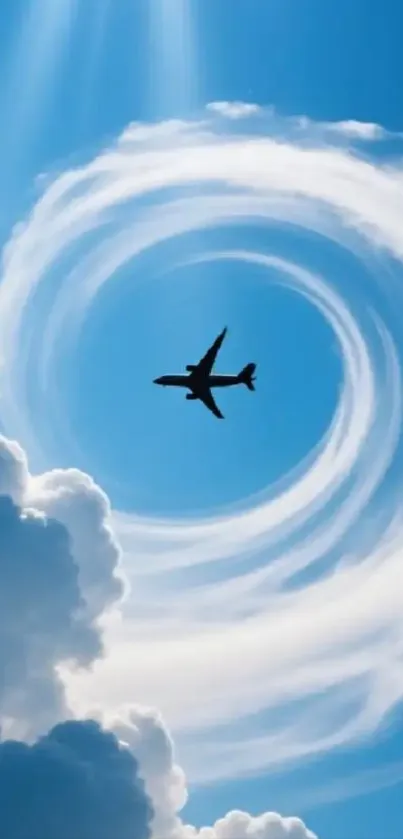 Airplane flying through swirling clouds in a blue sky.