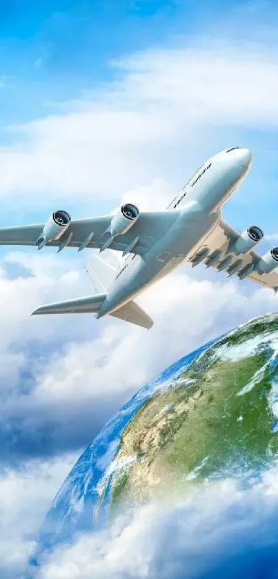 Airplane soaring above Earth in a blue sky background.