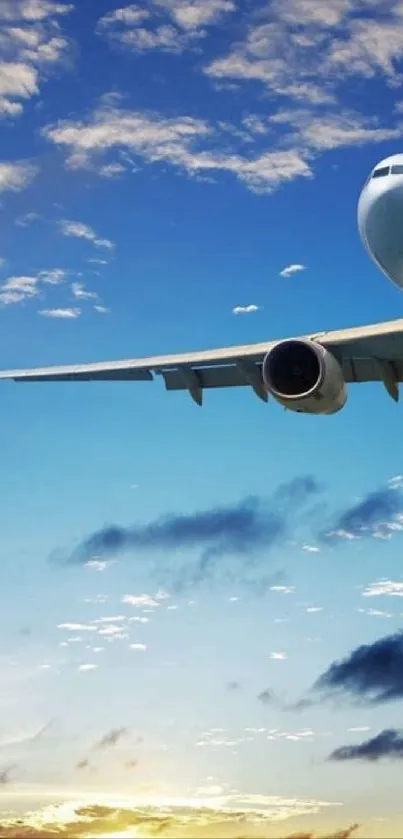 Airplane soaring through blue sky with sunrise in background.