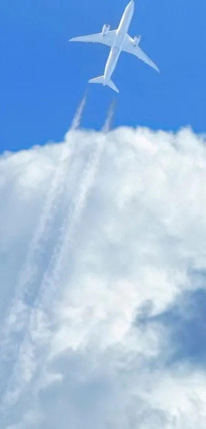 Airplane flying high above clouds in blue sky.