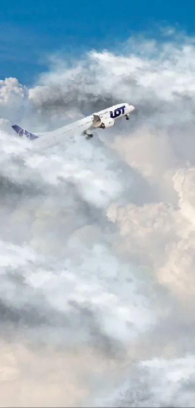 Airplane flying through fluffy white clouds in a blue sky, creating a tranquil scene.